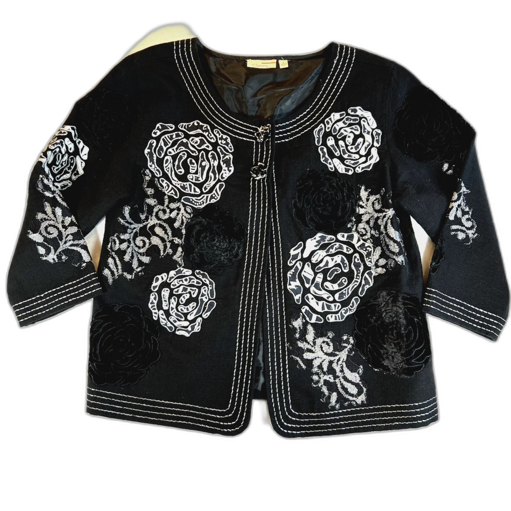 Choices Women's Swing Jacket Black White Velvety Texture Floral 3/4 Sleeves Sz S